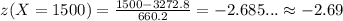 z(X=1500)=\frac{1500-3272.8}{660.2}=-2.685... \approx -2.69