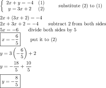 \left\{\begin{array}{ccc}2x+y=-4&(1)\\y=3x+2&(2)\end{array}\right\qquad\text{substitute (2) to (1)}\\\\2x+(3x+2)=-4\\2x+3x+2=-4\qquad\text{subtract 2 from both sides}\\5x=-6\qquad\text{divide both sides by 5}\\\boxed{x=-\dfrac{6}{5}}\qquad\text{put it to (2)}\\\\y=3\left(-\dfrac{6}{5}\right)+2\\\\y=-\dfrac{18}{5}+\dfrac{10}{5}\\\\\boxed{y=-\dfrac{8}{5}}