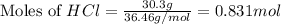 \text{Moles of }HCl=\frac{30.3g}{36.46g/mol}=0.831mol