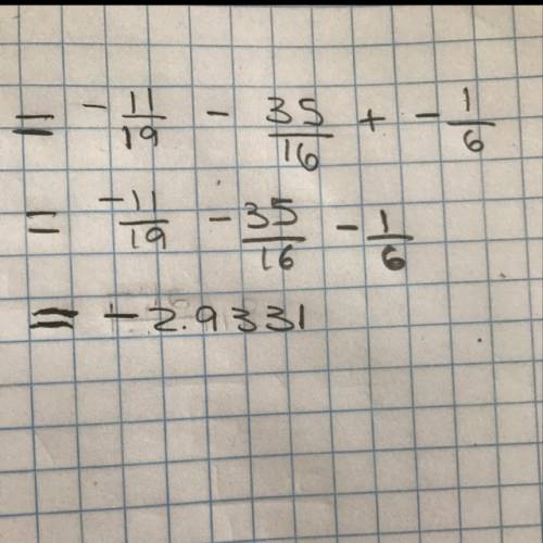 What is -11/19 minus 35/16 + -1/6?  show your work