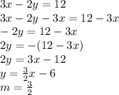 3x - 2y = 12 \\  3x - 2y - 3x = 12 - 3x \\  - 2y = 12 - 3x \\ 2y =  - (12 - 3x) \\ 2y = 3x - 12 \\ y =  \frac{3}{2} x - 6 \\ m =  \frac{3}{2 }  \\