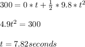 300 = 0*t+\frac{1}{2} *9.8*t^2\\ \\ 4.9t^2 = 300\\ \\ t =7.82 seconds