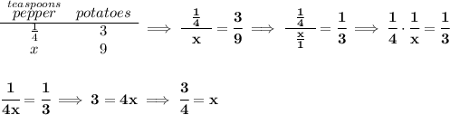 \bf \begin{array}{ccll} \stackrel{teaspoons}{pepper}&potatoes\\ \cline{1-2} \frac{1}{4}&3\\ x&9 \end{array}\implies \cfrac{~~\frac{1}{4}~~}{x}=\cfrac{3}{9}\implies \cfrac{~~\frac{1}{4}~~}{\frac{x}{1}}=\cfrac{1}{3}\implies \cfrac{1}{4}\cdot \cfrac{1}{x}=\cfrac{1}{3} \\\\\\ \cfrac{1}{4x}=\cfrac{1}{3}\implies 3=4x\implies \cfrac{3}{4}=x