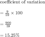 \text{coefficient of variation}\\\\=\frac{9}{59}\times 100\\\\=\frac{900}{59}\\\\=15.25\%