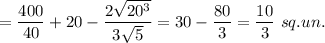 =\dfrac{400}{40}+20-\dfrac{2\sqrt{20^3} }{3\sqrt{5} }=30-\dfrac{80}{3}=\dfrac{10}{3}\ sq. un.