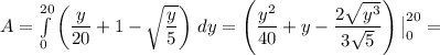 A=\int\limits^{20}_0 {\left(\dfrac{y}{20}+1-\sqrt{\dfrac{y}{5}} } \right)\, dy=\left(\dfrac{y^2}{40}+y-\dfrac{2\sqrt{y^3} }{3\sqrt{5} } \right)\big|^{20}_0=