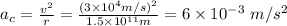 a_{c} =\frac{v^2}{r} = \frac{(3 \times  10^4 m/s)^2}{1.5 \times 10^{11}  m} = 6 \times 10^{-3} \ m/s^2