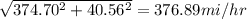 \sqrt{374.70^2+40.56^2} = 376.89 mi/hr