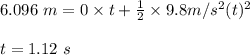 6.096 \ m = 0 \times t +\frac{1}{2} \times 9.8 m/s^2 (t)^2 \\\\\ t = 1.12 \ s