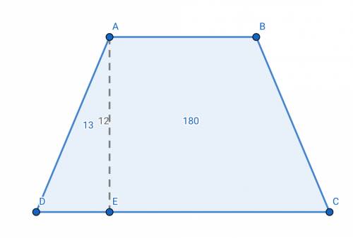 What is the area of a trapezoid abcd with bases ab and cd , if:   ab = 10 cm, bc=da=13 cm, cd=20 cm;