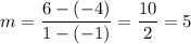 m=\dfrac{6-(-4)}{1-(-1)}=\dfrac{10}{2}=5