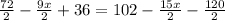 \frac{72}{2}-\frac{9x}{2}+36=102-\frac{15x}{2}-\frac{120}{2}