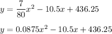 y=\dfrac{7}{80}x^2-10.5x+436.25\\ \\y=0.0875x^2-10.5x+436.25