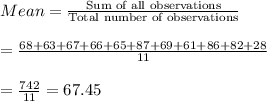 Mean = \frac{\text{Sum of all observations}}{\text{Total number of observations}}\\\\ = \frac{68+63+67+66+65+87+69+61+86+82+28}{11}\\\\=\frac{742}{11} = 67.45