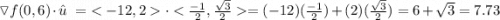 \triangledown f(0,6)\cdot \hat{u} \ = \ \cdot = (-12)(\frac{-1}{2} )+(2)(\frac{\sqrt{3}}{2})= 6+\sqrt{3} = 7.73