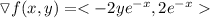 \triangledown f(x,y) = < -2ye^{-x} ,2e^{-x}