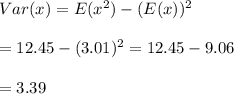 Var(x)=E(x^2)-(E(x))^2 \\  \\ =12.45 - (3.01)^2=12.45-9.06 \\  \\ =3.39