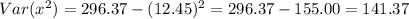 Var(x^2)=296.37-(12.45)^2=296.37-155.00=141.37