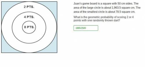 Juan’s game board is a square with 50 cm sides. the area of the large circle is about 1,963.5 square