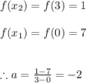 f(x_{2})=f(3)=1 \\ \\ f(x_{1})=f(0)=7 \\ \\ \\ \therefore a=\frac{1-7}{3-0}=-2