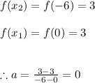 f(x_{2})=f(-6)=3 \\ \\ f(x_{1})=f(0)=3 \\ \\ \\ \therefore a=\frac{3-3}{-6-0}=0