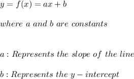 y=f(x)=ax+b \\ \\ where \ a \ and \ b \ are \ constants \\ \\ \\ a:Represents \ the \ slope \ of \ the \ line \\ \\ b:Represents \ the \ y-intercept