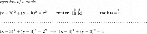 \bf \textit{equation of a circle}\\\\&#10;(x- h)^2+(y- k)^2= r^2&#10;\qquad&#10;center~~(\stackrel{3}{ h},\stackrel{3}{ k})\qquad \qquad&#10;radius=\stackrel{2}{ r}&#10;\\\\[-0.35em]&#10;~\dotfill\\\\&#10;(x-3)^2+(y-3)^2=2^2\implies (x-3)^2+(y-3)^2=4