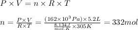 P \times V = n \times R \times T\\\\n = \frac{P \times V}{R \times T} = \frac{(162 \times 10^{3}Pa ) \times 5.2L}{\frac{8.134J}{mol.K}  \times 305K} = 332 mol