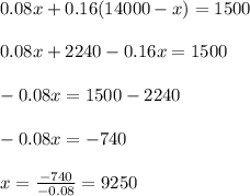0.08x+0.16(14000-x)=1500\\ \\ 0.08x+2240-0.16x=1500\\ \\ -0.08x=1500-2240\\ \\ -0.08x=-740\\ \\ x=\frac{-740}{-0.08}=9250