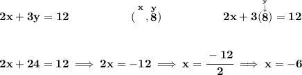 \bf 2x+3y=12~\hspace{5em}(\stackrel{x}{\phantom{X}},\stackrel{y}{8})~\hspace{5em}2x+3(\stackrel{\stackrel{y}{\downarrow }}{8})=12&#10;\\\\\\&#10;2x+24=12\implies 2x=-12\implies x=\cfrac{-12}{2}\implies x=-6