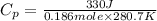 C_{p} = \frac{330 J}{0.186 mole\times 280.7 K}