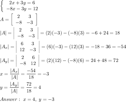 \left\{\begin{array}{ccc}2x+3y=6\\-8x-3y=12\end{array}\right\\\\A=\left[\begin{array}{ccc}2&3\\-8&-3\end{array}\right] \\\\|A|=\left|\begin{array}{ccc}2&3\\-8&-3\end{array}\right|=(2)(-3)-(-8)(3)=-6+24=18\\\\|A_x|=\left|\begin{array}{ccc}6&3\\12&-3\end{array}\right|=(6)(-3)-(12)(3)=-18-36=-54\\\\|A_y|=\left|\begin{array}{ccc}2&6\\-8&12\end{array}\right|=(2)(12)-(-8)(6)=24+48=72\\\\x=\dfrac{|A_x|}{|A|}=\dfrac{-54}{18}=-3\\\\y=\dfrac{|A_y|}{|A|}=\dfrac{72}{18}=4\\\\\ x=4,\ y=-3