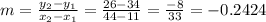 m=\frac{y_{2}-y_{1}}{x_{2}-x_{1}}=\frac{26-34}{44-11}=\frac{-8}{33}=-0.2424