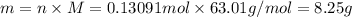 m=n\times M=0.13091 mol\times 63.01 g/mol=8.25 g