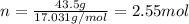 n=\frac{43.5 g}{17.031g/mol}=2.55 mol