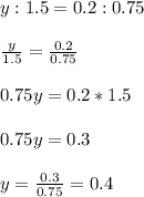 y:1.5=0.2:0.75\\ \\ \frac{y}{1.5}=\frac{0.2}{0.75} \\ \\ 0.75y=0.2*1.5\\ \\ 0.75y=0.3\\ \\ y=\frac{0.3}{0.75}=0.4