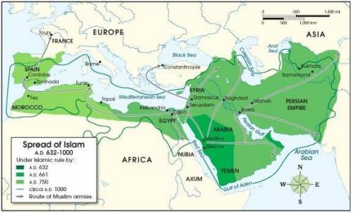 The following map shows the spread of islam from 632 a.d. (ce) through 1000 a.d. (ce). use the map t