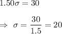 1.50\sigma=30\\\\\Rightarrow\ \sigma=\dfrac{30}{1.5}=20