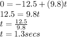 0=-12.5 + (9.8)t\\12.5 = 9.8t\\t = \frac{12.5}{9.8}\\t = 1.3secs\\