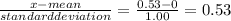 \frac{x-mean}{standard deviation}  = \frac{0.53-0}{1.00} = 0.53