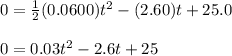 0=\frac{1}{2}(0.0600)t^2 -(2.60)t+25.0\\ \\ 0=0.03t^2 -2.6t+25