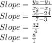 Slope=\frac{y_2-y_1}{x_2-x_1}\\Slope = \frac{56-24}{7-3}\\Slope=\frac{32}{4} \\Slope = \frac{8}{1}