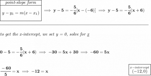 \bf \begin{array}{|c|ll}&#10;\cline{1-1}&#10;\textit{point-slope form}\\&#10;\cline{1-1}&#10;\\&#10;y-y_1=m(x-x_1)&#10;\\\\&#10;\cline{1-1}&#10;\end{array}\implies y-5=-\cfrac{5}{6}[x-(-6)]\implies y-5=-\cfrac{5}{6}(x+6)&#10;\\\\[-0.35em]&#10;\rule{34em}{0.25pt}\\\\&#10;\textit{to get the x-intercept, we set y = 0, solve for \underline{x}}&#10;\\\\\\&#10;0-5=-\cfrac{5}{6}(x+6)\implies -30=5x+30\implies -60=5x&#10;\\\\\\&#10;\cfrac{-60}{5}=x\implies -12=x~\hfill \boxed{\stackrel{x-intercept}{(-12,0)}}