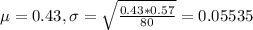 \mu = 0.43, \sigma = \sqrt{\frac{0.43*0.57}{80}} = 0.05535