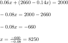 0.06x+(2660-0.14x)=2000\\ \\ -0.08x=2000-2660\\ \\ -0.08x=-660\\ \\ x=\frac{-660}{-0.08}=8250