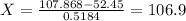 X=\frac{107.868-52.45}{0.5184} =106.9