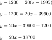y-1200=20(x-1995)\\ \\ y-1200=20x-39900\\ \\ y= 20x-39900+1200\\ \\ y= 20x-38700