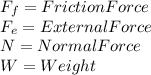 F_{f}=FrictionForce\\F_{e}=ExternalForce\\N=NormalForce\\W=Weight\\