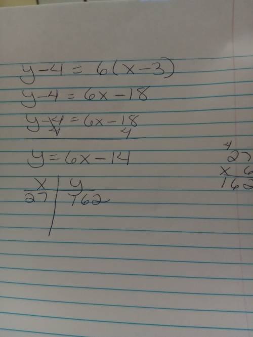 Given the point (3,4) and the slope of 6 find y when x=27