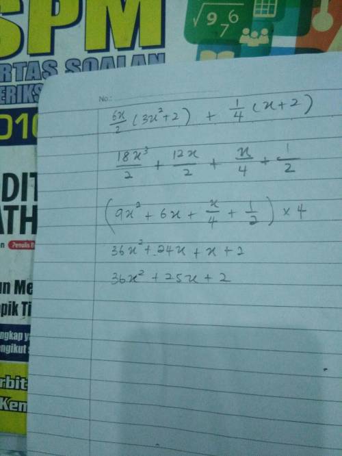 Simplify the expression 6x/2(3x^2+2)+1/4(×+2)